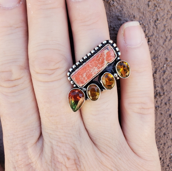 New Sea Sediment, Citrine, Tourmaline 925 Silver Ring. - Picture 5 of 16